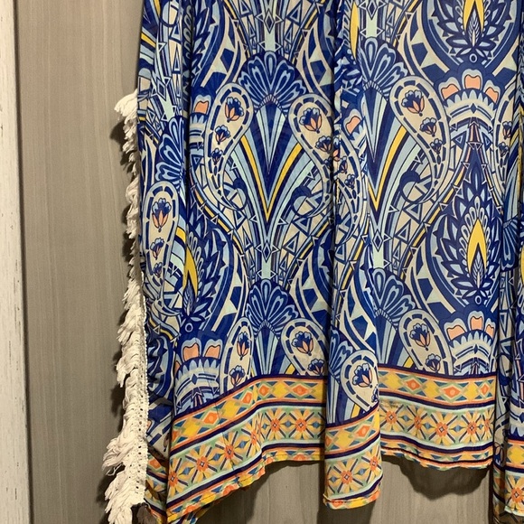Candy Rose Fringe Hem Sheer Paisley Mosaic Boho Poncho Sheer Kimono - Picture 8 of 12
